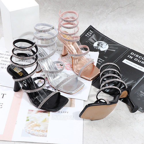 MS粗跟螺旋绑带时装高跟凉鞋