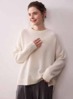 圆领纯色山羊绒针织打底衫宽松显瘦厚款毛衣女内搭秋冬新款温柔风