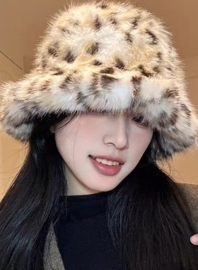 韩版豹纹毛绒渔夫帽子女秋冬显脸小加厚保暖护耳盆帽大头围渔夫帽