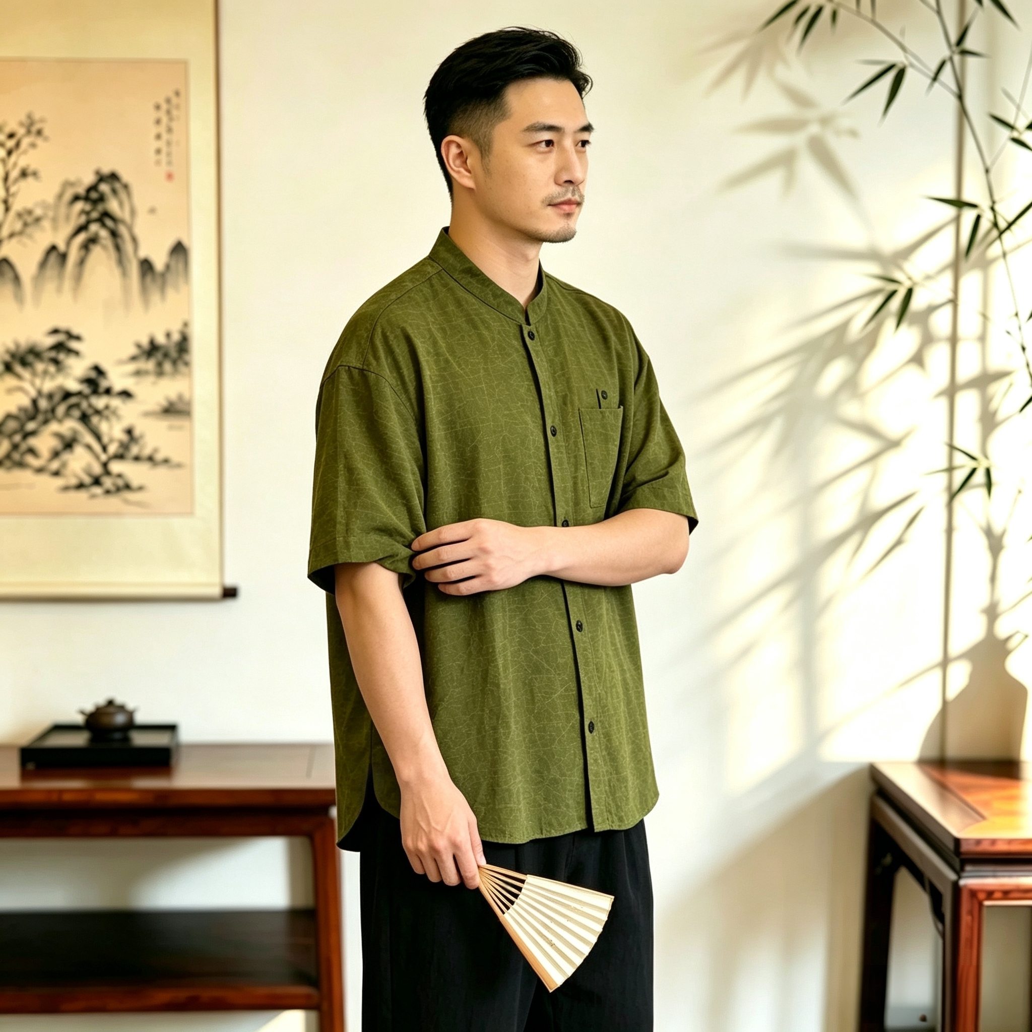 男士桑蚕丝龟纹香云纱立领衬衫