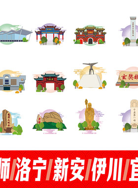 洛阳偃师市洛宁县新安县伊川县宜阳县地标建筑线稿插画剪影AI素材