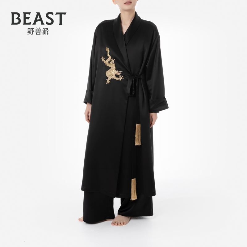 野兽派龙黑色22姆米真丝睡袍家居服节日生日礼物