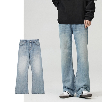 BOJIN美式复古baggy jeans浅蓝巴黎竹节弯刀中性微喇牛仔裤男女