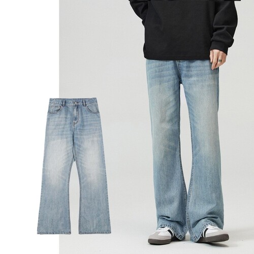 BOJIN美式复古baggy jeans浅蓝巴黎竹节弯刀中性微喇牛仔裤男女