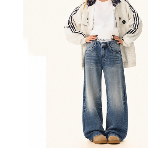 BOJIN美式复古水洗泼墨直筒baggy jeans牛仔裤男女百搭阔腿长裤