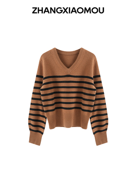 张小某 梨形定制 冬季法式保暖舒适V领条纹长袖针织衫1BW11M2410