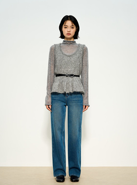 张小某 抓绒蓝色牛仔裤女秋冬2025新款宽松拖地窄版直筒裤子N2233