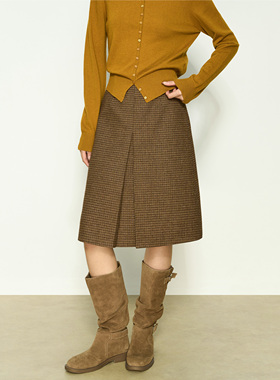 张小某 格子a字半身裙女秋冬2025新款复古开叉过膝短裙子 Q2408