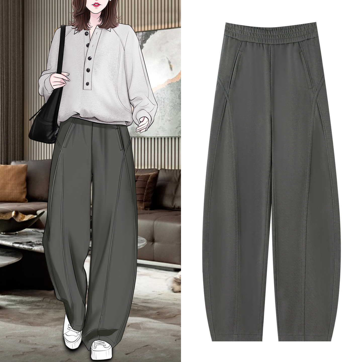 高级感灰色运动卫裤女秋冬新款阔腿香蕉裤高个子加长休闲弯刀裤,女装/女士精品,卫裤,淘宝优惠券,粉丝福利购,淘宝优惠卷