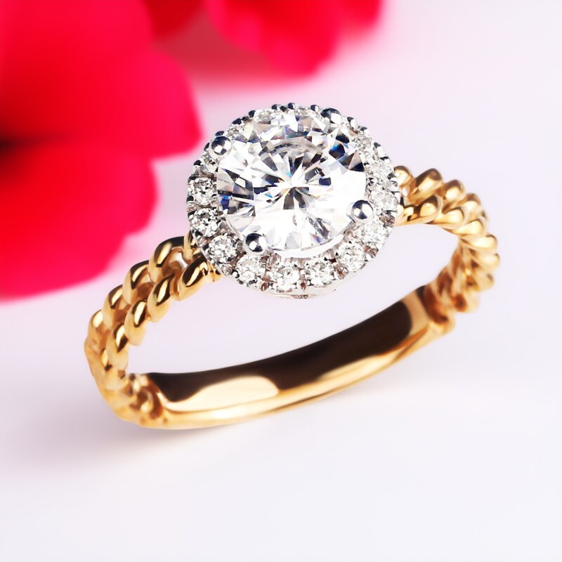 围镶藤蔓链条式双色麻花个性CVD人工培育钻戒圆包钻石指环18K黄金