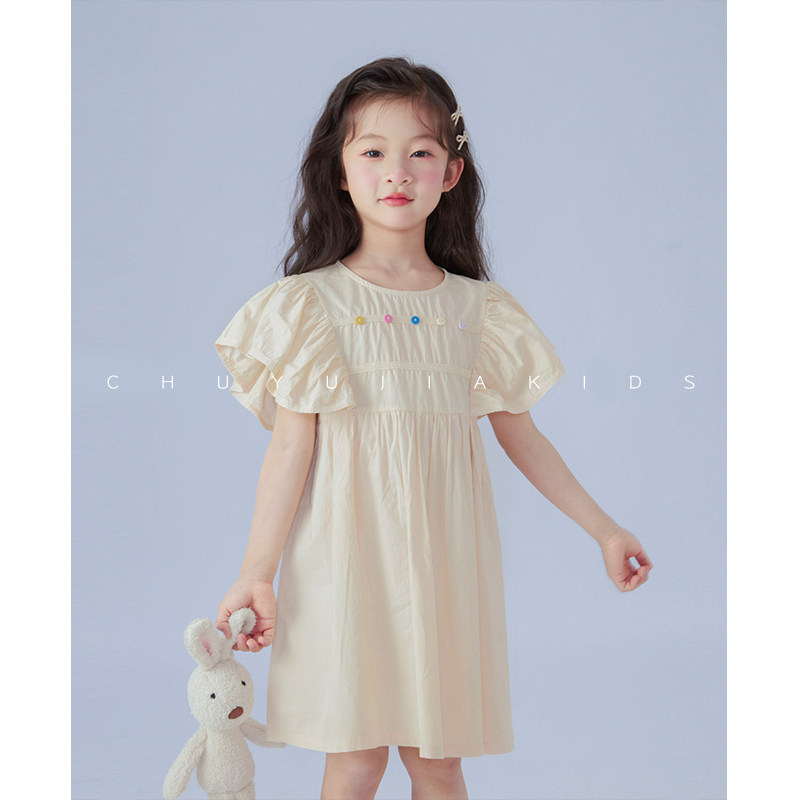 初羽家女童连衣裙2025夏新款儿童短袖公主裙可爱棉质飞袖裙子童装