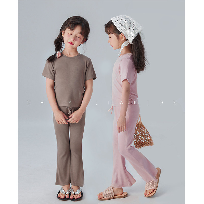 初羽家女童短袖套装夏季装2025新款宝宝喇叭裤子超薄款休闲两件套