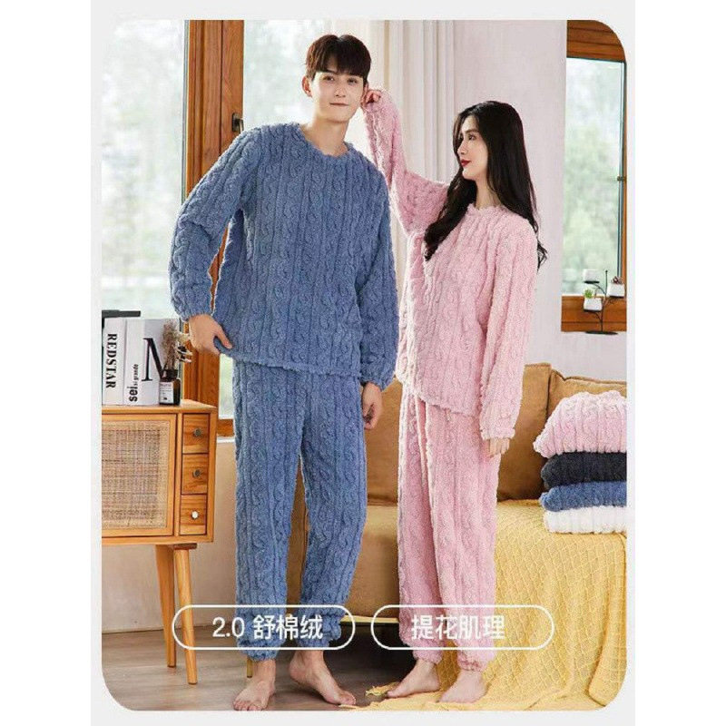 时尚提花睡衣女冬季情侣套装休闲家居服加厚加绒网红女生睡袍裙子