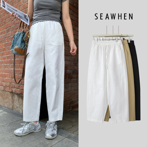 seawhen高腰简约酵洗纯棉直筒裤