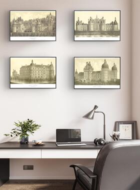 古典城堡图纸装饰画内芯海报挂画芯自粘墙贴画办公室书房法式经典