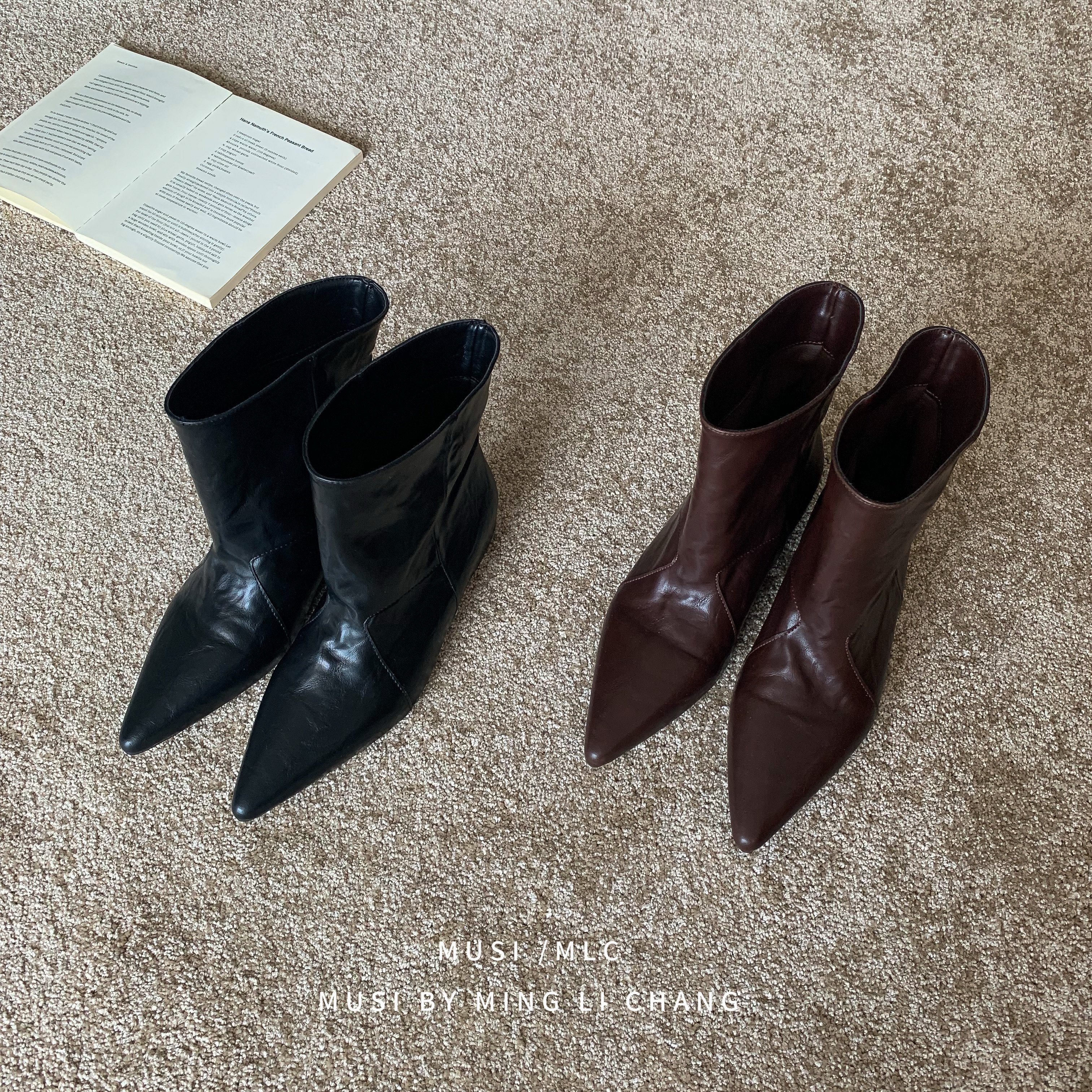 MUMU欧洲站秋冬新款尖头内增高套筒时装短靴女复古平底单靴马丁靴