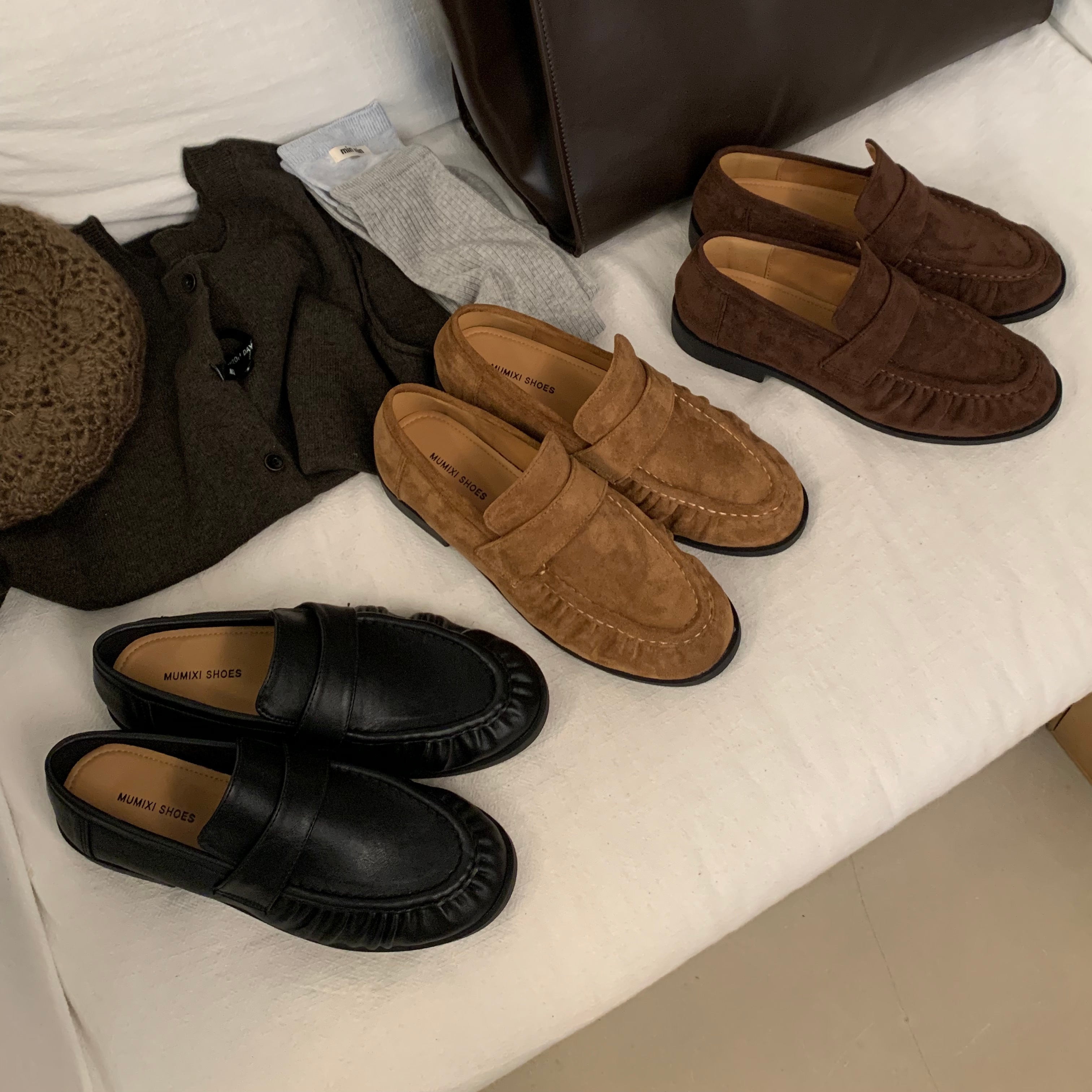 MUMU复古简约麂皮绒面乐福鞋女粗跟圆头一脚蹬百搭通勤小皮鞋单鞋