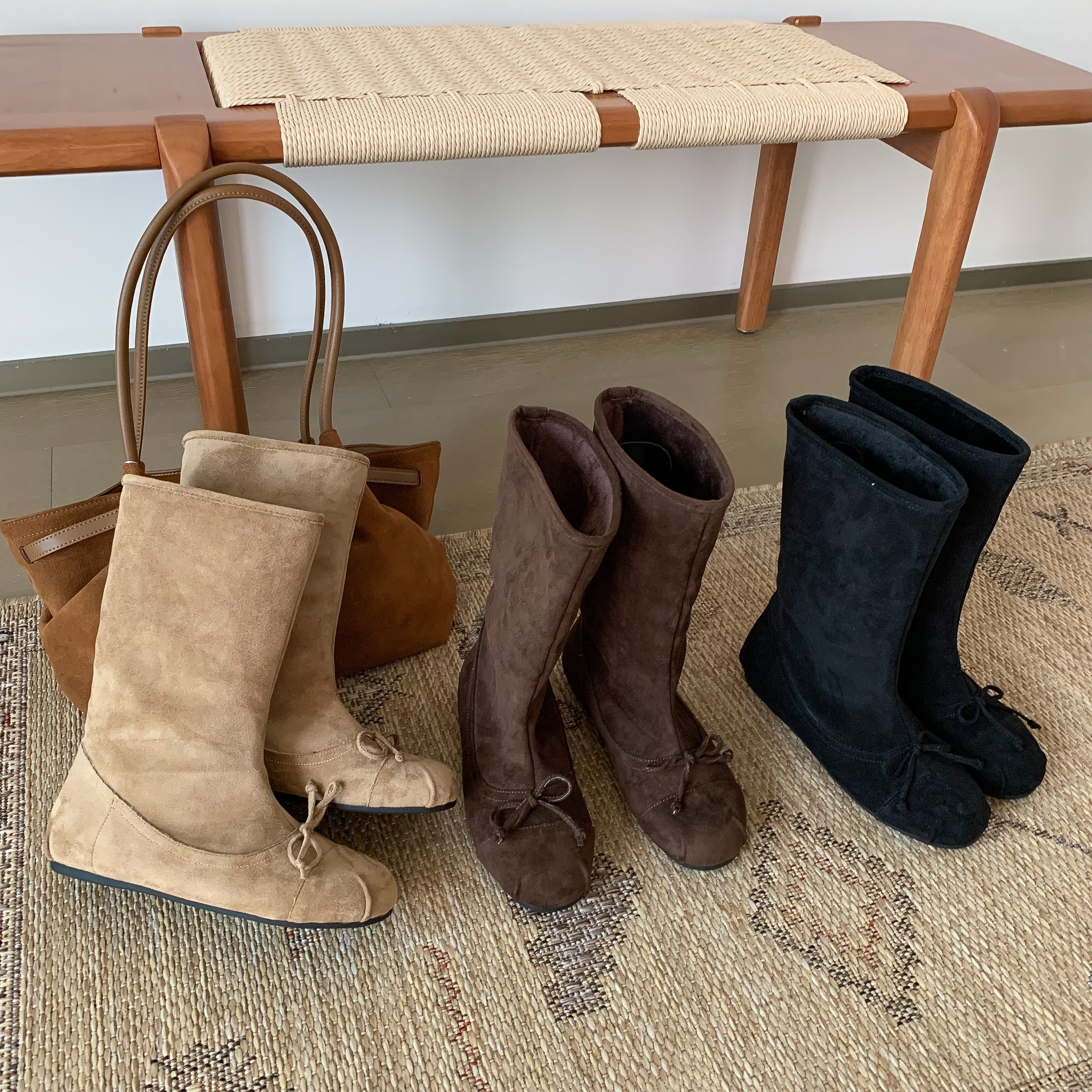 MUMU法式蝴蝶结圆头长靴女冬季绒面芭蕾舞靴内增高瘦瘦靴