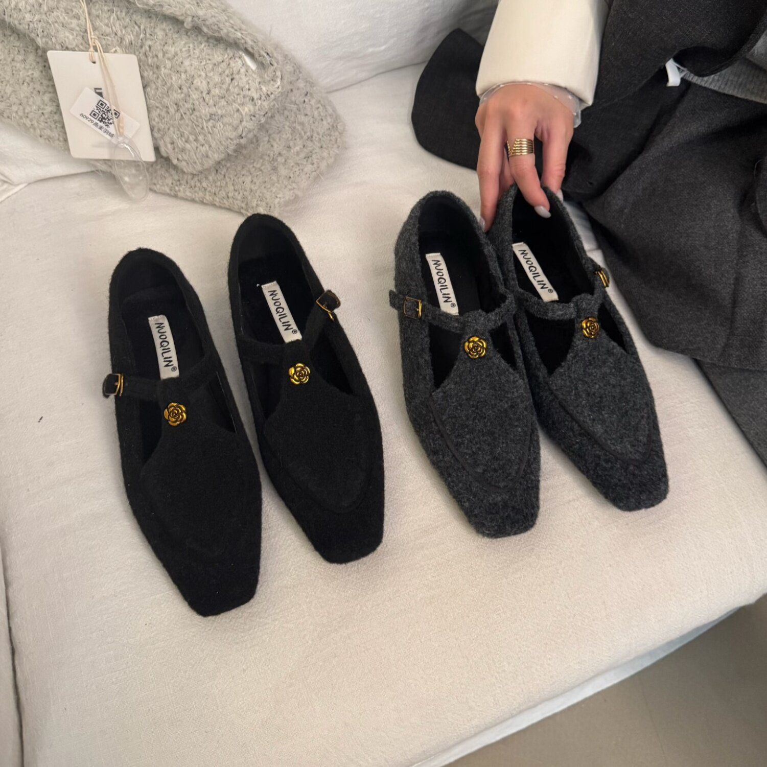 MUMU复古风方头山茶花玛丽珍鞋女T字扣带内增高加绒单鞋温柔气质