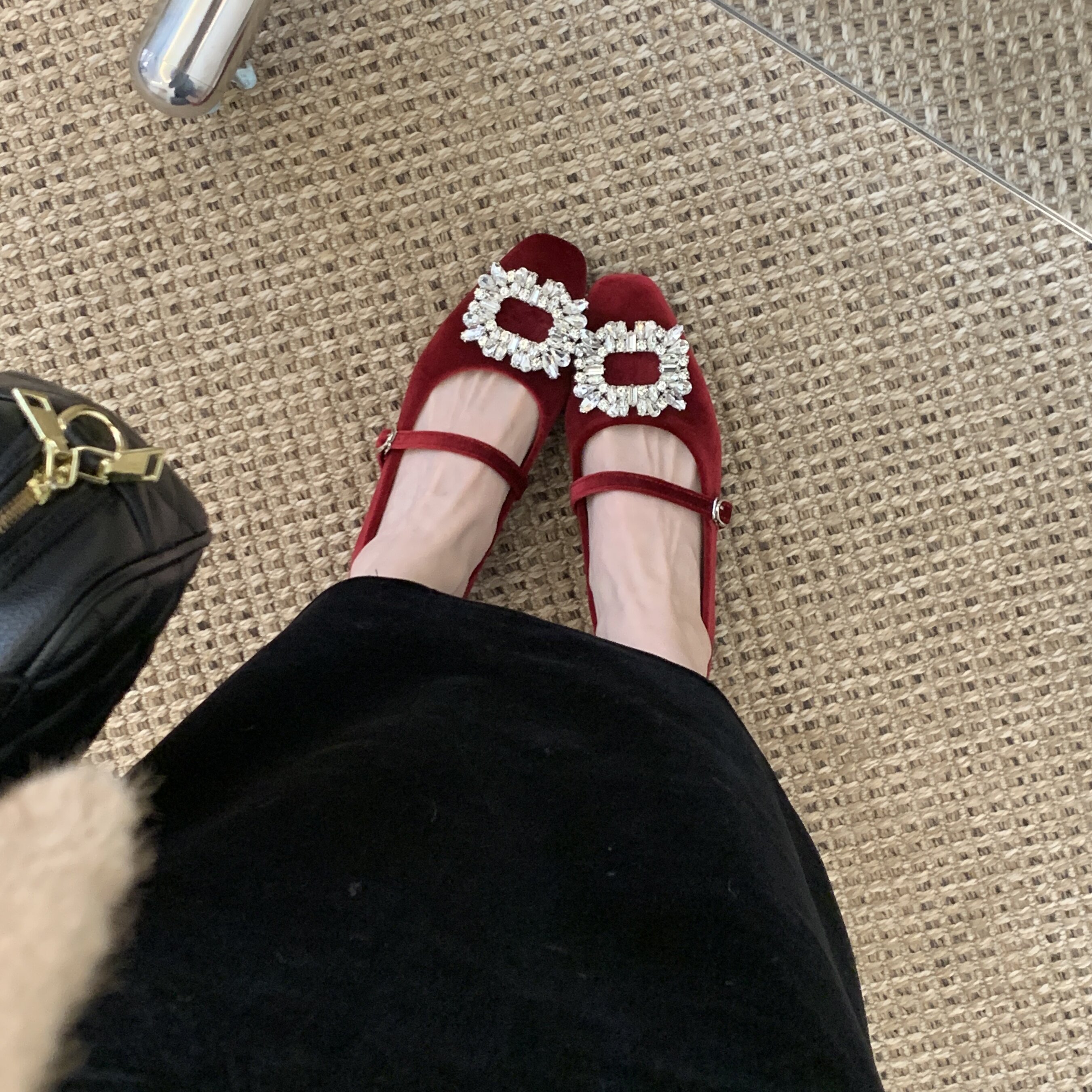 MUMU法式水钻方头玛丽珍鞋女粗跟一字扣带加绒百搭单鞋