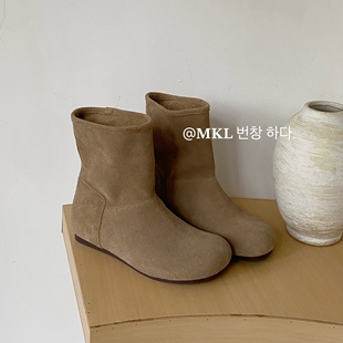 MUMU手工真皮勃肯短靴软萌森系简约圆头内增高厚底麂皮短筒女靴子