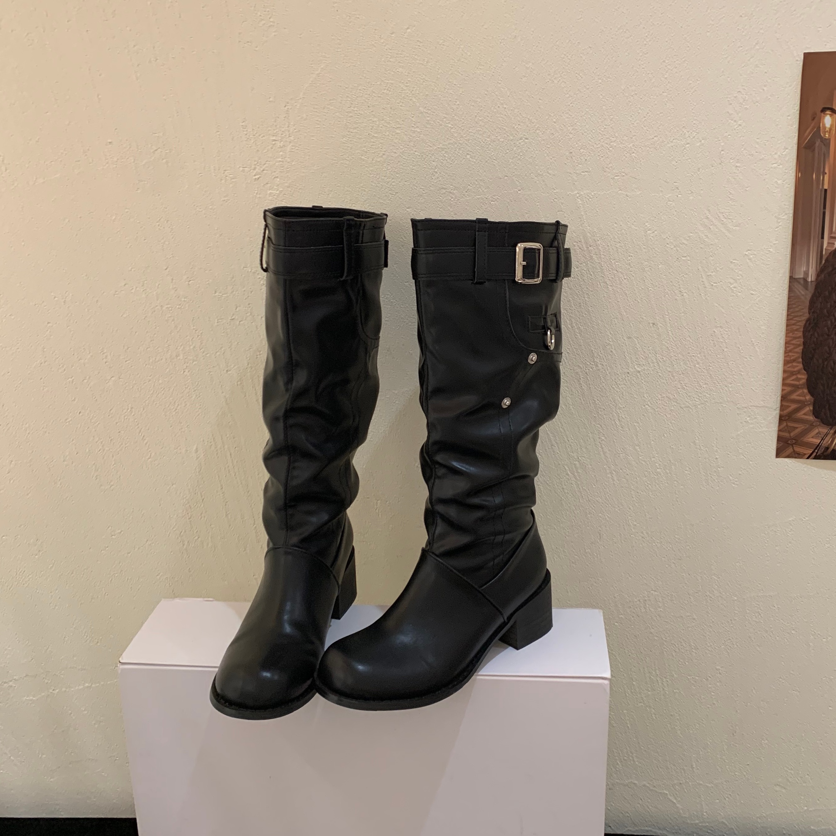 MUMU韩版皮带扣长靴女冬季黑色圆头骑士靴堆堆靴气质靴