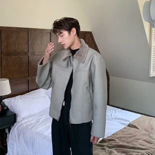 USMAO韩版新款冬季皮毛一体机车服外套男女加绒加厚皮夹克高级感