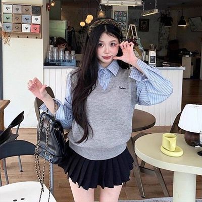 韩系内搭叠穿针织马甲上衣外穿