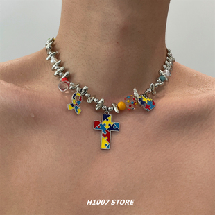 彩色拼接十字架项链男款 颈链配饰 嘻哈小众设计高级感锁骨链女新款