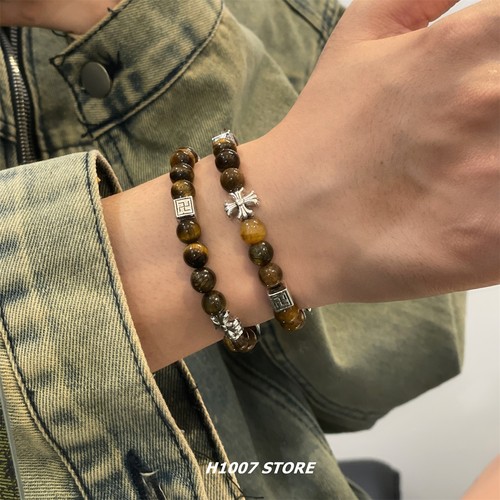 虎眼石串珠十字花手链男款嘻哈风百搭小众设计高级手串女情侣饰品