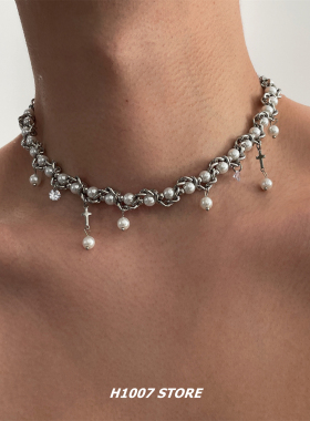 新款十字珍珠缠绕男款项链女小众设计颈链轻奢锁骨链嘻哈风毛衣链