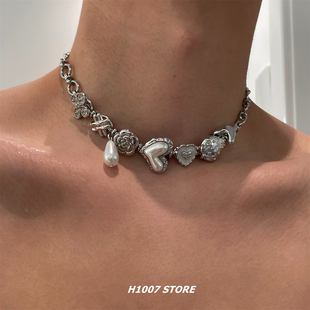 复古滴油爱心珍珠男款项链女小众设计感y2k嘻哈chocker锁骨链颈链