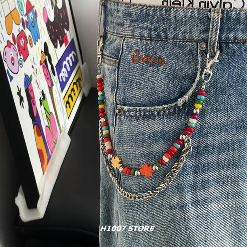 十字架彩色串珠嘻哈风男款裤链女小众设计感腰链牛仔裤工装裤挂链