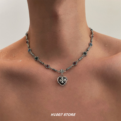 vintage定制款克罗十字花爱心男毛衣链女嘻哈风锁骨链小众感项链