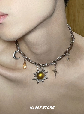 炽烈太阳星芒项圈美拉德棕色复古辣妹颈链男女小众设计锁骨链项链