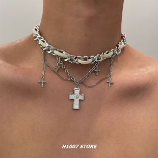 白十字架星芒短颈链男小众y2k亚文化皮质choker链条缠绕女款项圈
