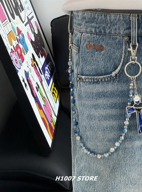 H1007原创款蓝色十字架男裤链女嘻哈小众设计感牛仔裤工装裤挂链