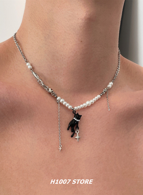 彩色碎石小猫拼接珍珠链条男款项链不掉色小众颈链锁骨链女毛衣链