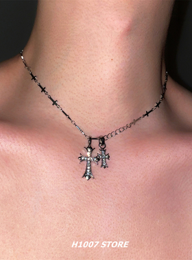 美式嘻哈风镶钻十字架男款锁骨链女小众高级感项链百搭配饰毛衣链