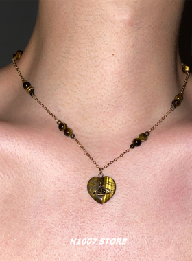 虎眼串珠星球爱心男款项链女小众设计高级感锁骨链男款毛衣链配饰