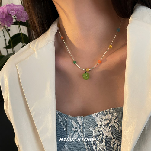 青苹果琉璃串珠女项链海边度假风小众感颈链男款锁骨链毛衣链新款