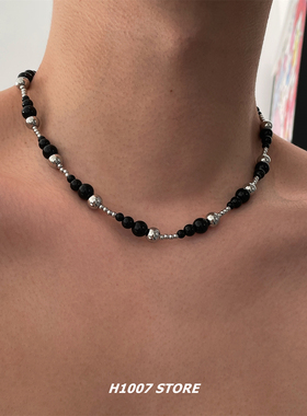 新款黑银色串珠男款项链女小众设计高级感轻奢锁骨链嘻哈风毛衣链