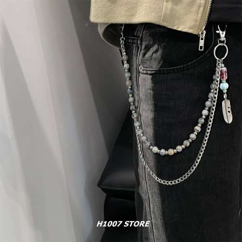 H1007原创款 羽毛串珠双层男裤链女小众腰链嘻哈风牛仔裤工装裤链