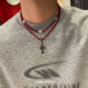 十字花红色串珠锁骨链男颈链嘻哈风项链小众设计高级感女生毛衣链