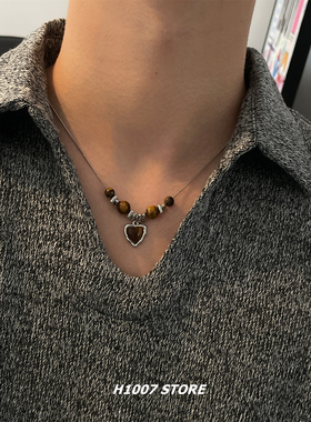 定制款爱心虎眼石串珠男款项链女小众设计毛衣链复古民族风锁骨链
