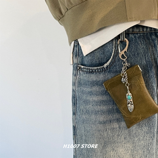 原创款橄榄绿条纹包男款裤链女小众腰间挂饰嘻哈风包挂零钱卡包