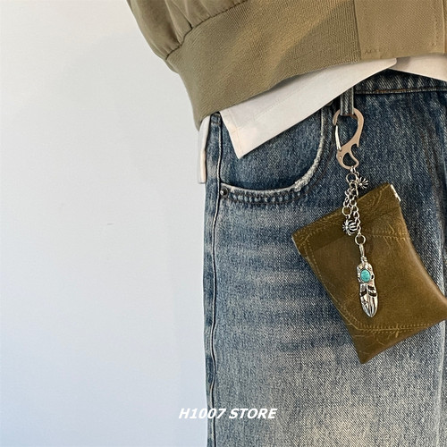 原创款橄榄绿条纹包男款裤链女小众腰间挂饰嘻哈风包挂零钱卡包