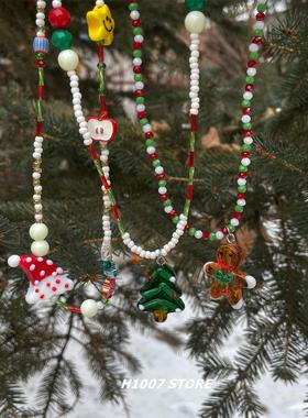 圣诞节彩色姜饼人串珠手作女项链男款圣诞树毛衣链趣味情侣款配饰