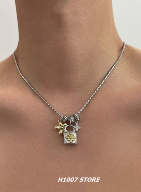 美式做旧嘻哈花朵锁头项链男款毛衣链小众设计感锁骨链女颈链配饰