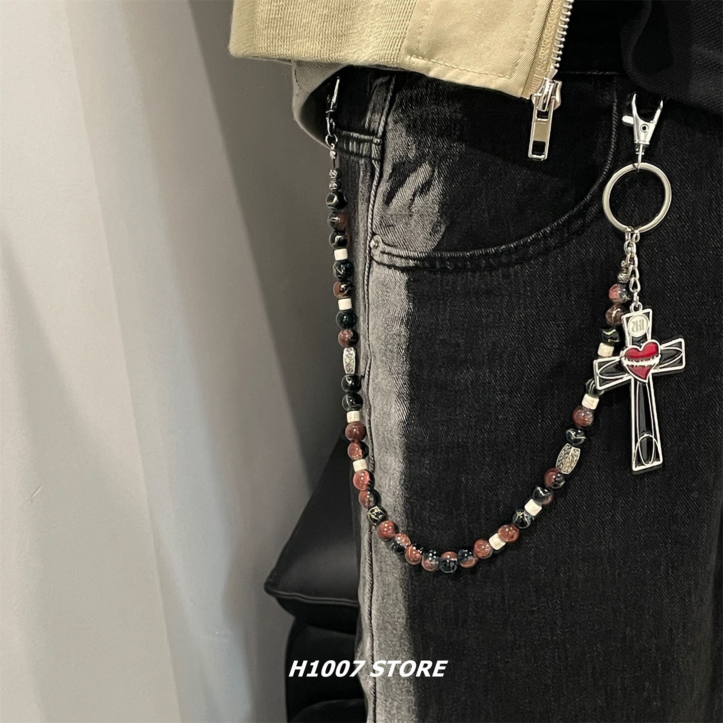 H1007原创黑色十字架串珠男裤链女小众腰链嘻哈风牛仔裤工装裤链